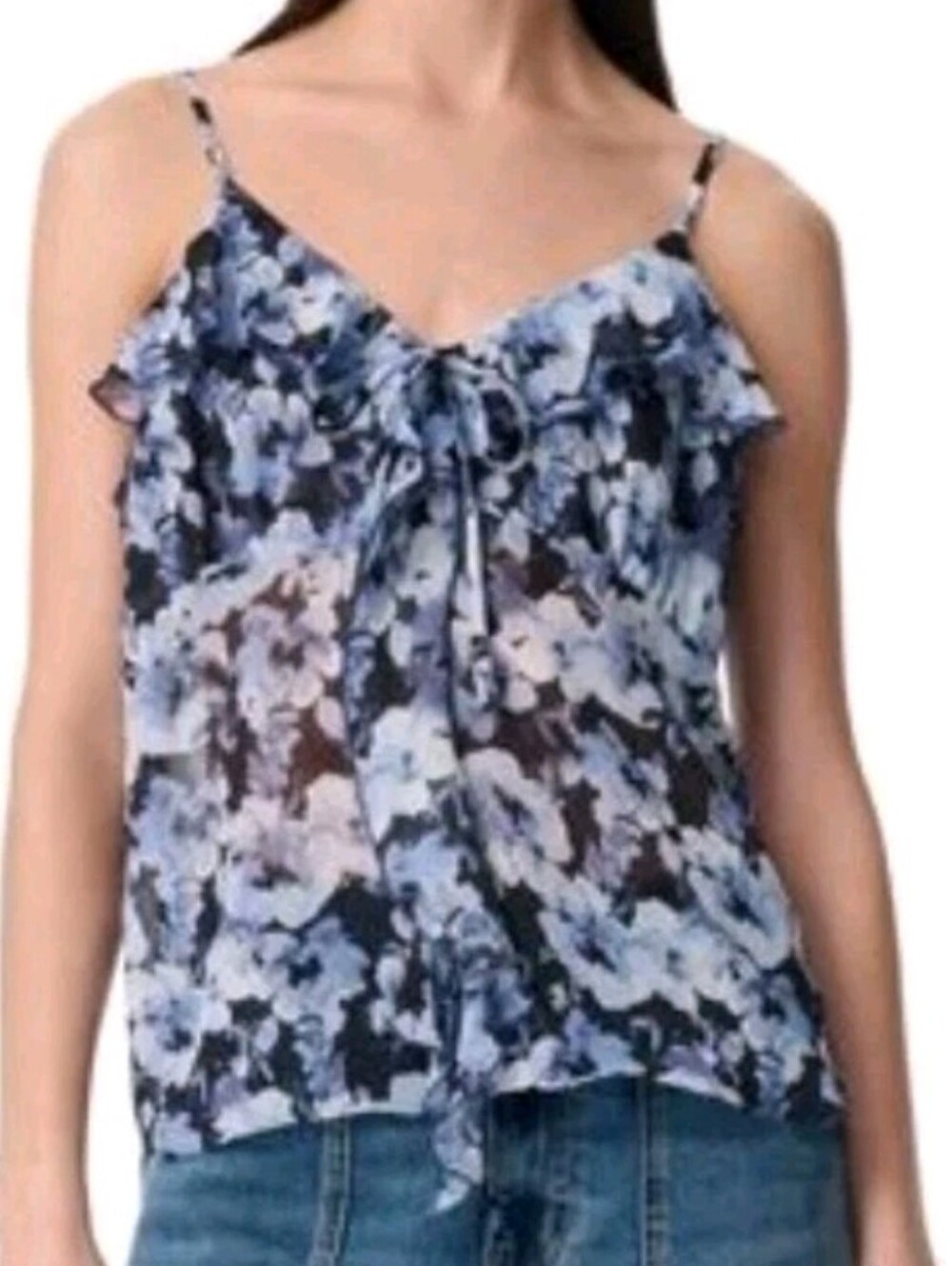 Robert Rodriguez Size XS Justine Black & Blue Cascading Ruffle Camisole Top